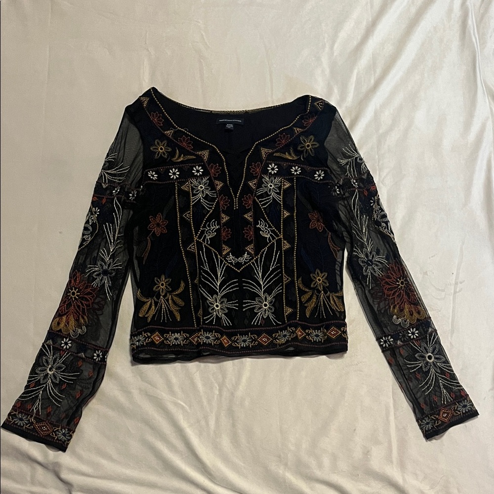 American Eagle Outfitters Black Sheer Embroidered Blouse